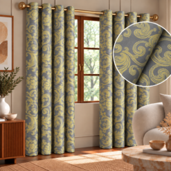 Elegant Gold Patterned Gray Drapery Display