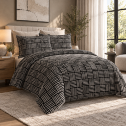 Modern Bedroom With Black Grey Patterned Bedding