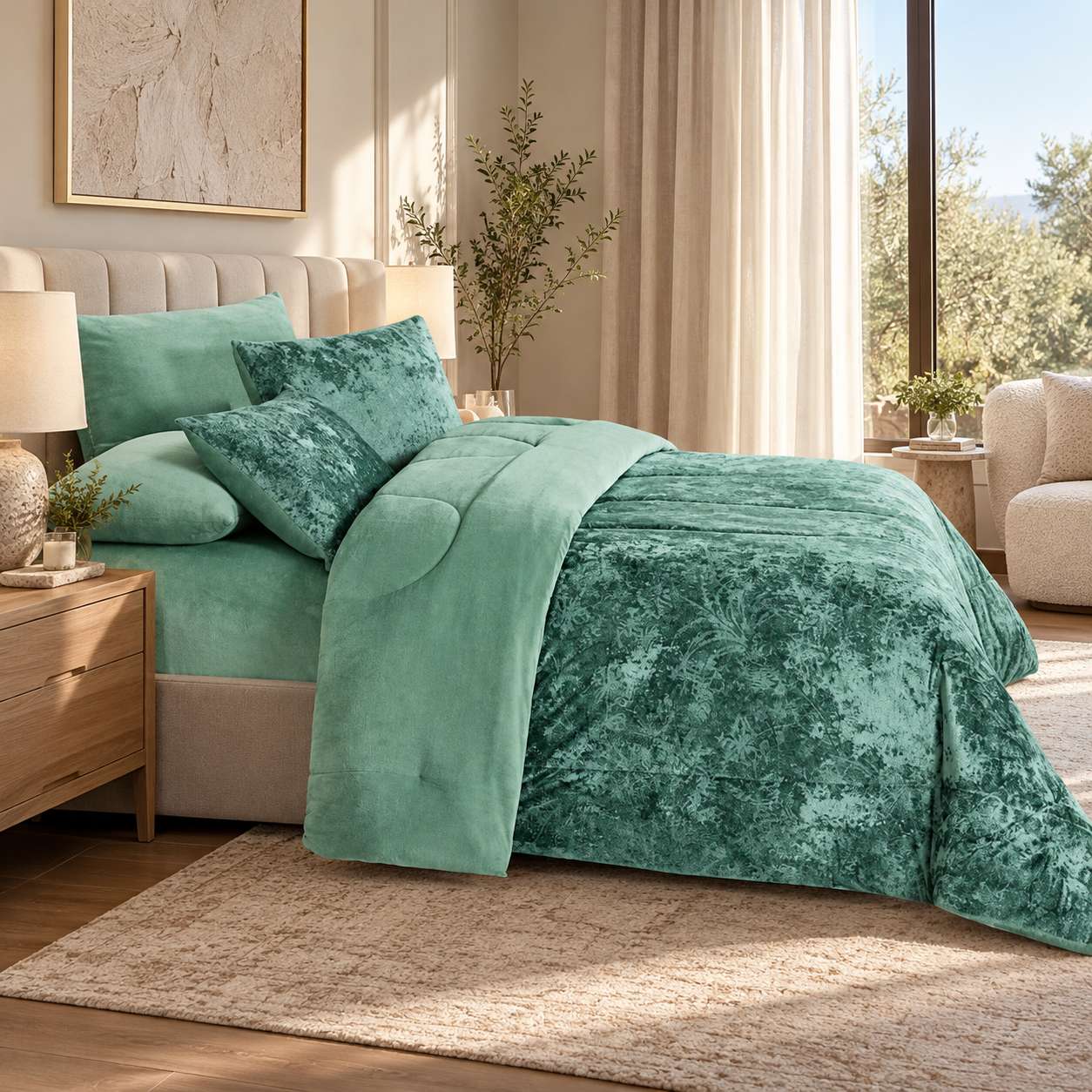 Serene Green Bedding In A Modern Bedroom