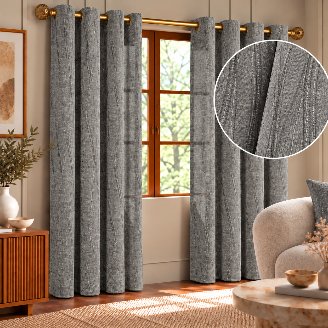 Textured Grey Curtains In A Cozy Living Room