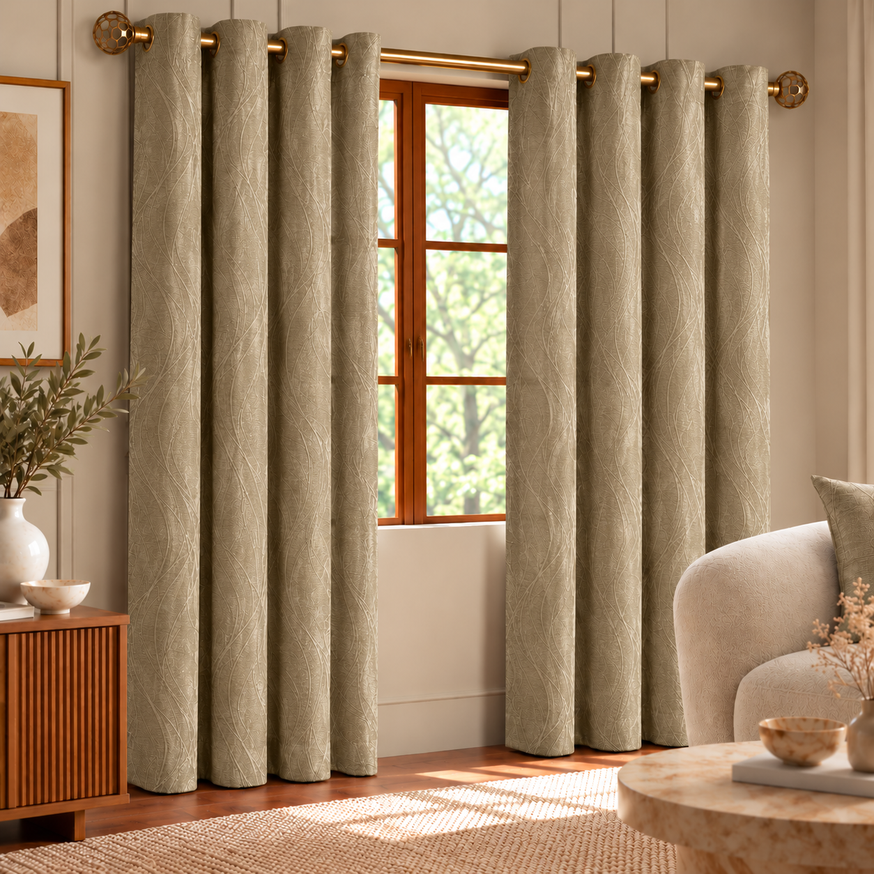 Warm Taupe Curtains In A Sunlit Living Room